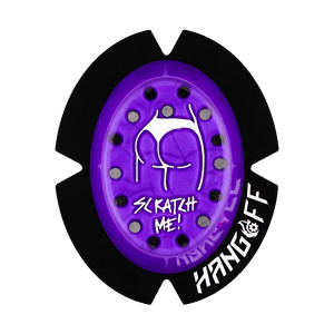 Hochwertiger Motorrad-Knieschleifer Kneeslider 'Supersparky' von Hang Off, gefertigt aus Kunststoff mit Funkenstiften.Violettes Design mit weissem Scratchme-Motiv.