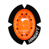 Hochwertiger Motorrad-Knieschleifer Kneeslider 'Supersparky' von Hang Off, gefertigt aus Kunststoff mit Funkenstiften Oranges Design mit weissem Scratchme-Motiv.
