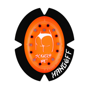 Hochwertiger Motorrad-Knieschleifer Kneeslider 'Supersparky' von Hang Off, gefertigt aus Kunststoff mit Funkenstiften Oranges Design mit weissem Scratchme-Motiv.
