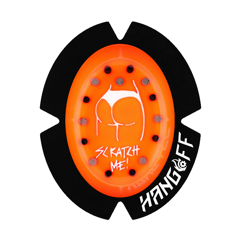 Hochwertiger Motorrad-Knieschleifer Kneeslider 'Supersparky' von Hang Off, gefertigt aus Kunststoff mit Funkenstiften Oranges Design mit weissem Scratchme-Motiv.

