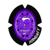 Hochwertiger Motorrad-Knieschleifer Kneeslider 'Supersparky' von Hang Off, gefertigt aus Kunststoff mit Funkenstiften.Violettes Design mit weissem Scratchme-Motiv.
