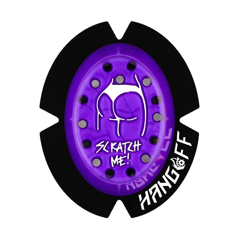 Hochwertiger Motorrad-Knieschleifer Kneeslider 'Supersparky' von Hang Off, gefertigt aus Kunststoff mit Funkenstiften.Violettes Design mit weissem Scratchme-Motiv.
