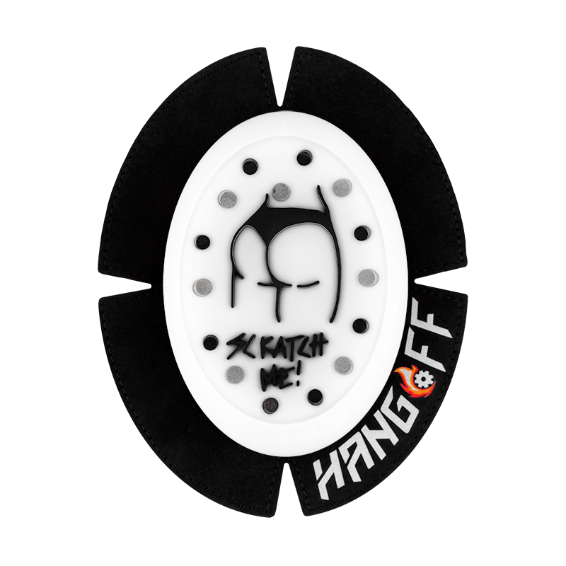 Hochwertiger Motorrad-Knieschleifer Kneeslider 'Supersparky' von Hang Off, gefertigt aus Kunststoff mit Funkenstiften aus Ferrocerium und Titan. Weisses Design mit schwarzen Scratchme-Motiv.
